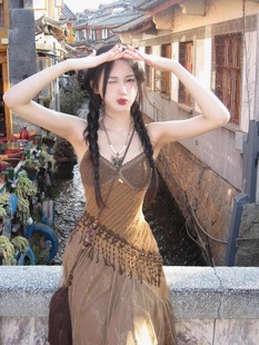 波西米亚民族风吊带连衣裙女夏季云南泰国三亚海边度假沙滩长裙子