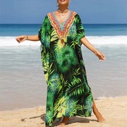 东南亚绿色树叶印花连衣长裙女慵懒宽松海边度假沙滩袍子夏装