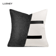 现代轻奢样板房抱枕沙发客厅黑白色棉麻皮拼接靠垫套定制床头软包