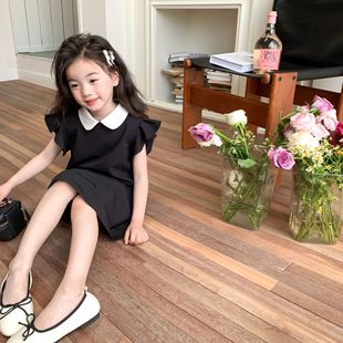 女童公主裙夏季小女孩韩版洋气时髦翻领撞色小飞袖黑色连衣裙