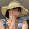 蕾丝系带法式草帽女夏季海边沙滩太阳帽子可折叠大帽檐防晒遮阳帽