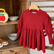 秋冬季女童针织连衣裙长袖宝宝可爱毛衣裙婴儿时髦洋气新年裙红色