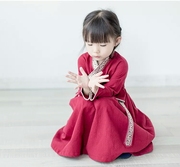 儿童汉服小女孩唐装棉麻春夏古装，长袖幼儿宝宝，红色套装女孩两件套