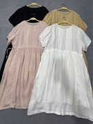 23夏日系甜美风琴褶，圆领苎麻纯色短袖连衣裙，森系宽松侧系带长裙