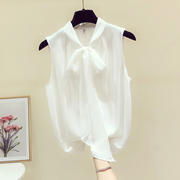 法式蝴蝶结，系带白色无袖雪纺，衬衫