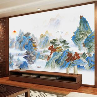 山水迎客松装饰壁画新中式手绘意境水墨古典电视背景墙水墨画壁纸
