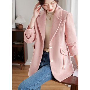 羊毛呢西装领外套女春秋季2024粉色高级感大衣毛呢中长款外套