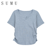 宿慕sumu小雨女装纯棉短袖，t恤女夏季简约修身纯色上衣19596