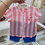 韩国22年夏款男宝宝童装红白条纹衬衫短袖上衣牛仔短裤套装休闲