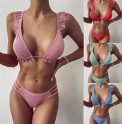 2021欧美女士纯色荷叶，边比基尼沙滩，度假温泉分体三角性感bikini