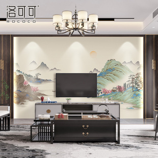 电视背景墙壁纸2024墙纸，轻奢新中式山水壁布，客厅沙发墙布壁画