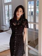 蕾丝长裙手工钉珠翻领高腰显瘦连衣裙两件套Women lace dress set