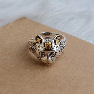黑泰银饰s925银饰镶铜个性，小猫开口戒指，女复古时尚猫咪指环