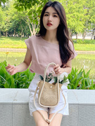 韩版亚麻t恤女夏季百搭简约日系宽松圆领上衣，高级感粉色棉麻短袖