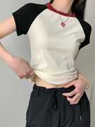 网红春夏韩版圆领复古插肩撞色设计感百搭棉质，t恤短袖女上衣
