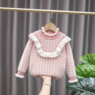 女童粉红色毛衣秋冬水貂绒加厚貂毛，套头洋气中小儿童宝宝毛线外套