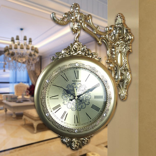 美式电镀仿金属双面挂钟静音欧式客厅两面挂表 创意墙钟石英钟表
