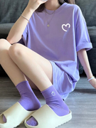 香芋紫短袖纯棉，t恤女夏季2024年宽松大码休闲半袖中长款上衣
