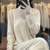 半高领中长款100%纯羊绒连衣裙女设计感V型蕾丝镂空宽松针织长裙