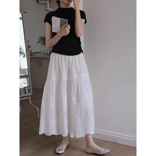 法式高级感白色蕾丝高腰半身裙女夏季垂感韩版中长款a字伞裙长裙