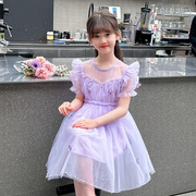 女童连衣裙夏装紫色公主裙，儿童时髦洋气蓬蓬纱女宝宝短袖礼服裙子