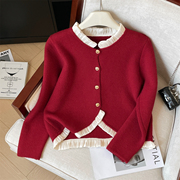 超好看红色毛衣开衫女款2023冬季加厚小香风，不规则针织衫秋冬