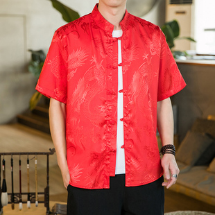 唐装男中国风龙纹短袖衬衫，夏季中式盘扣中华立领，衬衣复古半袖上衣