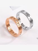 欧美18k玫瑰金钛钢罗马数字戒指 镶钻镂空情侣男女款字母戒指