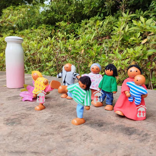 非洲形象一家人木偶玩偶，7口过家家木质益智玩具，亲子关节可动人偶