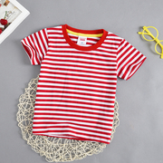 儿童蓝色条纹衫短袖t恤男童，女童红色海军风，条纹半袖3-9岁宝宝全棉