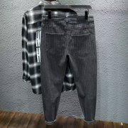 2023秋季黑色竖条纹牛仔裤，男休闲裤弹力韩版潮流，修身小脚裤子