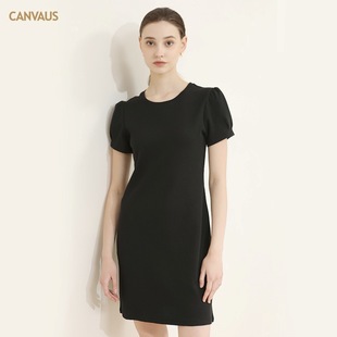 canvaus夏季短袖连衣裙女宽松气质韩系小个子泡泡，袖圆领中腰裙子