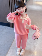 女童春款粉红色翻领卫衣套装2023春秋装儿童洋气运动服两件套