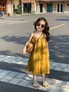 女童黄色连衣裙夏季洋气衬衫裙，韩版童装宝宝时髦宽松纯棉吊带裙