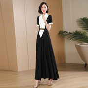 黑白拼接夏季新连衣裙高级感小众，设计腰带收腰超长裙女到脚踝1665