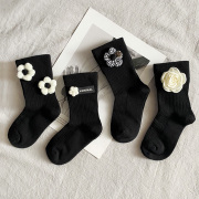 4双立体儿童袜子女中筒黑色可爱熊猫不勒脚秋冬韩系花朵女童长袜