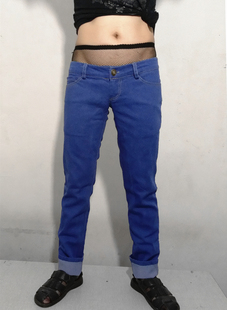 超低腰小脚牛仔裤，男长裤宝蓝色弹力，修身性感时尚潮七分裤