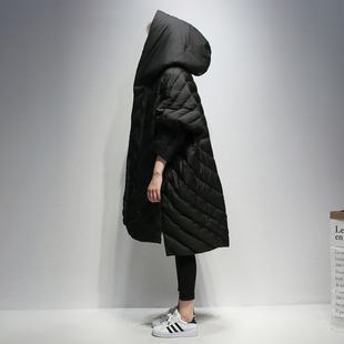黑色羽绒服女中长款2023冬季韩版连帽蝙蝠袖宽松显瘦加厚外套