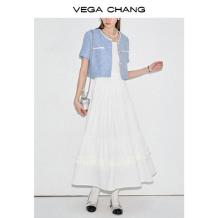 VEGA CHANG白色半身裙女2024年夏季芭蕾风花边蓬松蛋糕长裙子