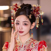 中式红色秀禾服精致造液花头饰，复古造型水晶盘发龙凤褂饰品女