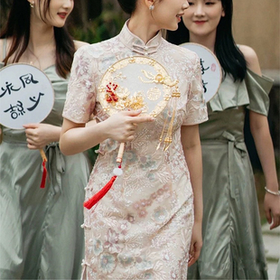 旗袍敬酒服女2024夏季新娘结婚改良订婚中式蕾丝，礼服裙粉色