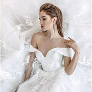 亚马逊气质修身蕾丝拖尾婚纱新娘贴花新娘礼服长款薄纱露肩款