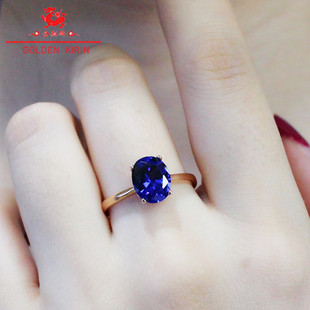 俄罗斯585紫金椭圆蓝宝石戒指时尚简约不褪色纯14K玫瑰金戒指