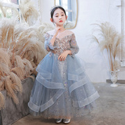 儿童礼服公主裙生日蓝色高端小女孩花童婚礼主持人钢琴演出服长袖