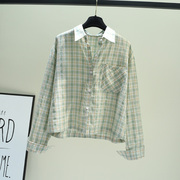 浅绿色单口袋(单口袋)格子短款长袖棉布衬衫女秋季韩版小清新上衣外套