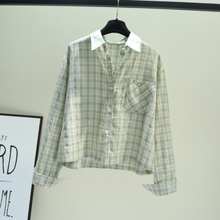 浅绿色单口袋(单口袋)格子短款长袖棉布衬衫，女秋季韩版小清新上衣外套