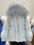 大毛领白鸭绒(白鸭绒，)高端甜美蓝色羽绒服，女短款小个子2023年冬季加厚