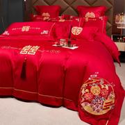 高档中式刺绣婚庆四件套纯棉，大红色床单被套，全棉结婚床上用品喜被