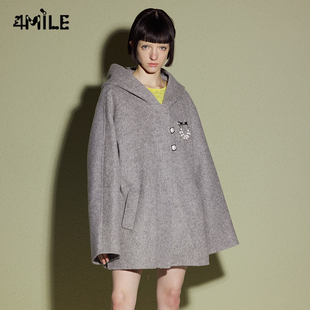 4MILE设计师品牌 早秋 灰色粉色绵羊毛连帽短大衣斗篷外套
