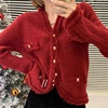 红色毛衣外套女秋冬季外穿别致设计感小众小香风，温柔气质针织开衫